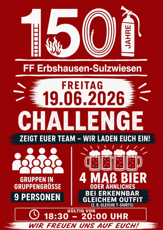 Plakat zur Challenge am Freitag, 19.06.2026: Gruppen mit 9 Personen im gleichen Outfit erhalten von 18:30 bis 20:00 Uhr 4 Maß Bier oder Ähnliches