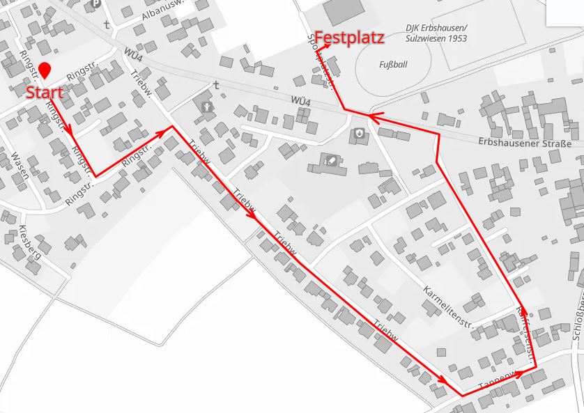 Karte mit dem Festzugverlauf: vom Start an der Ringstraße über Triebweg und Tannenweg bis zum Festplatz an den Sportplätzen des DJK Erbshausen/Sulzwiesen
